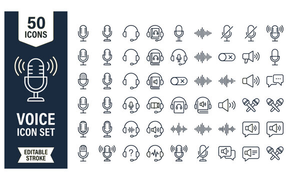 Voice icon set with microphone and audio wave symbols for communication apps.