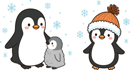 Fototapeta premium Cute Penguin Winter Illustration Collection, Adorable Penguin Parent and Baby with Christmas Hat, Snowflakes and Arctic Holiday Vector Set