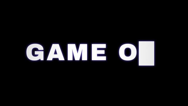 Retro game over text animation, arcade gaming terminal style on black background, command line prompt terminal cursor typing effect, vintage computer screen overlay graphic