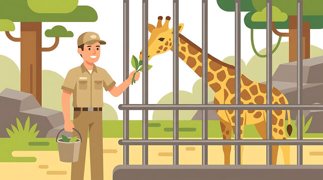Zoo keeper feeding a giraffe with fresh leaves in an enclosure