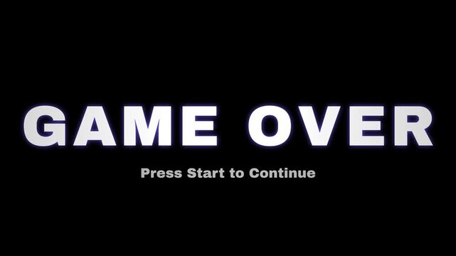 Retro game over text animation, glowing white letters fading in and out on black background, press start to continue arcade screen, looping video element for gaming