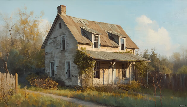 A weathered rustic house with a tin roof in a rural setting