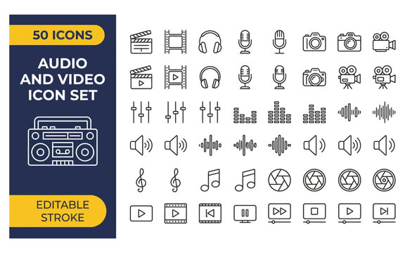 Collection of fifty audio and video linear icons for multimedia editing and sound mixing interfaces on transparent background.