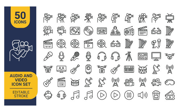 Comprehensive audio and video icon set for multimedia apps and websites.