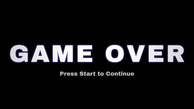 Retro game over text animation on black background, glowing white arcade style typography, flashing press start to continue sign, classic gaming concept, loop background