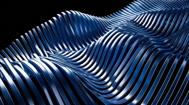 Abstract 3D digital artwork featuring flowing metallic blue ribbons with wavy patterns and reflective surfaces on a deep black background