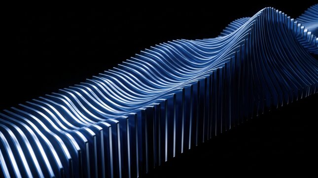 Abstract 3D digital visualization featuring a flowing wave of blue metallic vertical bars creating a rhythmic, undulating pattern against a deep black background, symbolizing data flow and technology.