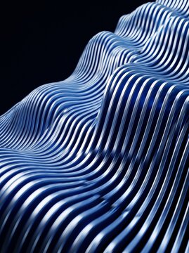 Abstract 3D digital art featuring flowing parallel metallic blue waves and rhythmic geometric lines against a dark background, creating a sense of fluid motion and modern technological aesthetic