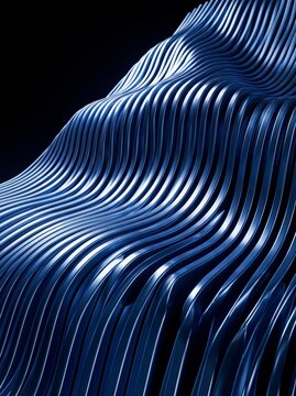 Abstract 3D digital art featuring flowing, metallic blue undulating waves and rhythmic lines against a stark black background, evoking liquid motion and futuristic architectural texture.