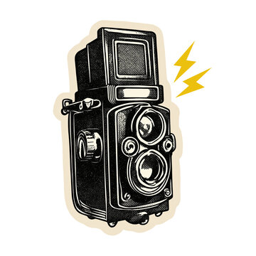 Halftone vintage twin lens reflex camera with lightning bolts isolated on a transparent background