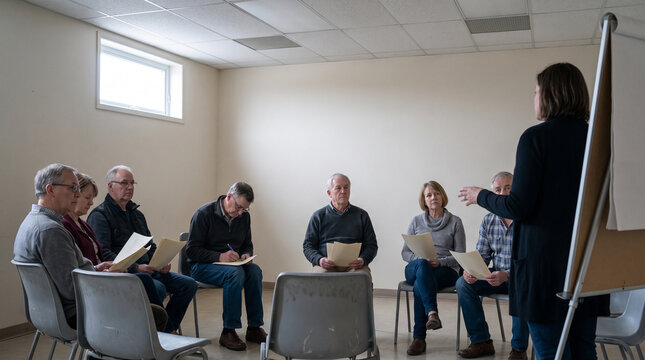 Training session for temporary election staff seated in a semicircle in a plain meeting room