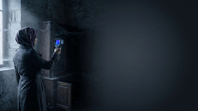Woman scanning dark room with thermal imaging camera searching for heat signatures in spooky atmosphere