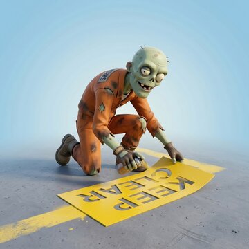 Humorous 3D Zombie Character Painting Keep Clear Warning Sign Using Spray Can and Stencil on Floor