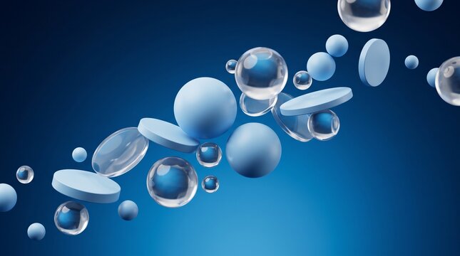 Abstract composition of floating blue spherical orbs, translucent bubbles, and flat circular discs arranged dynamically against a smooth, gradient deep blue background, symbolizing purity and science.
