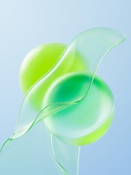 Abstract 3D digital art featuring translucent, flowing green ribbons swirling around smooth, glowing neon green spheres against a soft, gradient pastel blue background, minimal contemporary design.