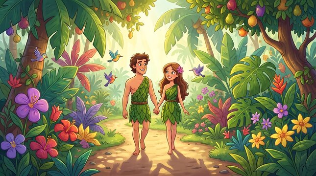 Adam and Eve cartoon characters walking in the Garden of Eden