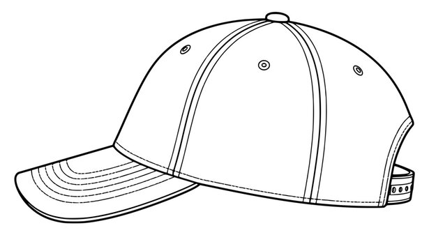 Baseball cap side profile line art vector with curved visor stitching and adjustable strap