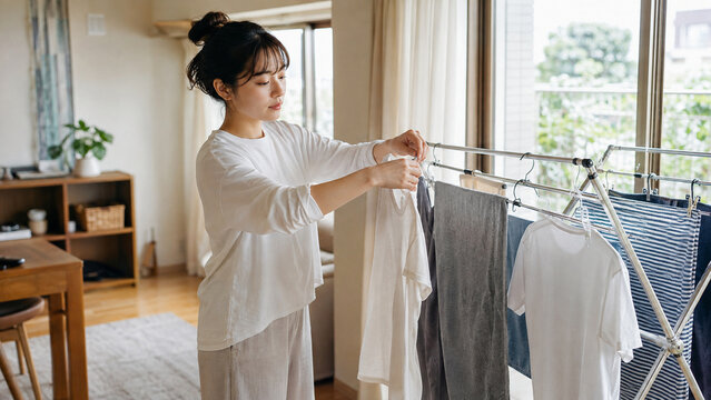 朝の自然光が入る部屋で洗濯物を干す一人暮らしの若い日本人女性