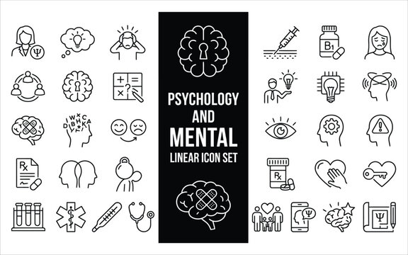 Psychology and mental health linear icon set with brain anatomy and medical elements for wellness branding.