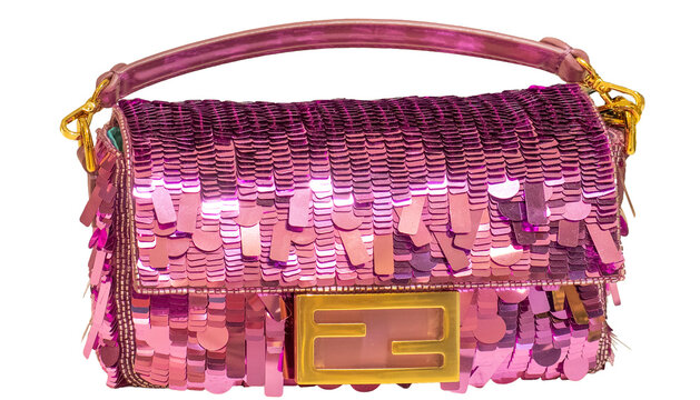 Fendi Baguette handbag covered in pink sequins with a golden FF buckle on the flap.Milan - Italy,04 September 2026