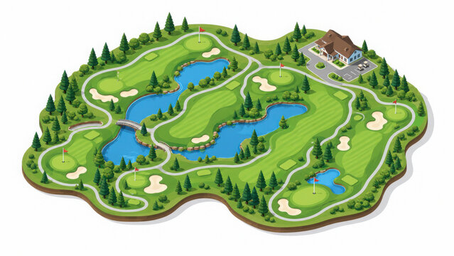 Isometric golf course layout with green fairways and water hazards