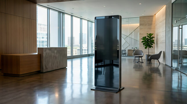 Digital signage kiosk stand in a modern office building lobby with corporate int