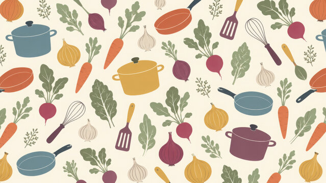 Colorful kitchen pattern design featuring cooking tools and vegetables
