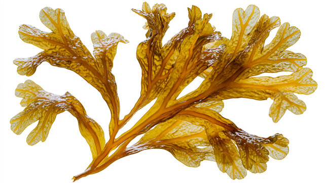 Golden brown seaweed frond isolated on white background with marine plant