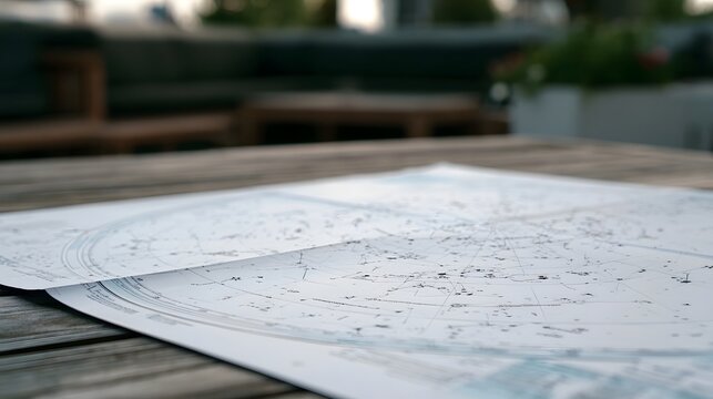 A detailed star chart laid out on a wooden table with a blurred outdoor background  suggesting a calm evening for stargazing or planning