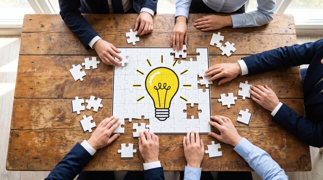 Business team working together to solve a puzzle with a light bulb icon