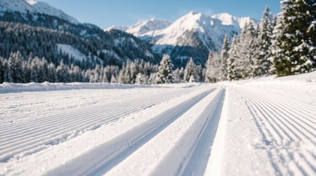 Freshly Groomed Cross-Country Ski Trail in Snowy Alpine Mountain Landscape on Sunny Winter Day