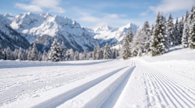 Freshly Groomed Cross-Country Ski Trail in Snowy Alpine Mountain Landscape on Sunny Winter Day