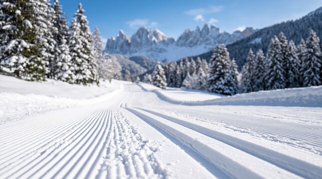 Freshly Groomed Cross-Country Ski Trail in Snowy Alpine Mountain Landscape on Sunny Winter Day