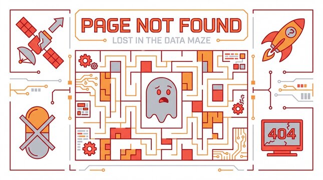 Retro-futuristic 404 error page illustration with ghost in maze and page not found text