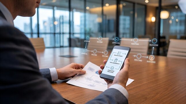 Professional man in sharp suit holds smartphone displaying glowing workflow diagram for corporate project management planning in modern glass office
