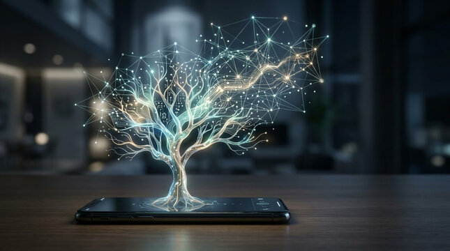 Glowing Digital Tree Growing from Smartphone Screen Representing Artificial Intelligence, Network Connectivity, and Technology Growth