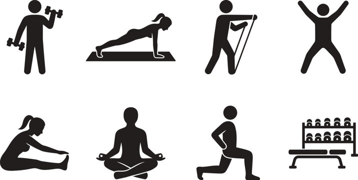 Gym fitness exercise pictogram set with dumbbells, plank, resistance band, yoga, and weight bench