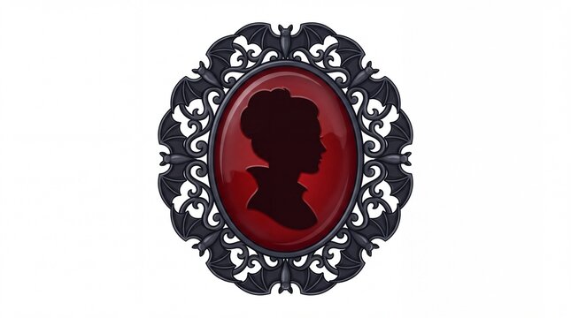 Vampire countess silhouette brooch icon with ornate bat wing frame in gothic style