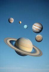 Fototapeta premium Realistic photo of five planets in elliptical orbit against blue sky
