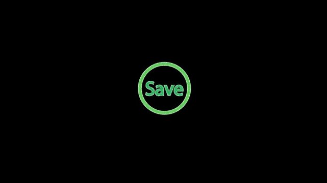 Green save button animation pulses inside a digital round ring. File storage verification confirms on the green save button. Digital data backup updates with the save button.