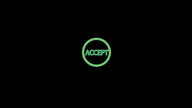 Green accept button animation pulses inside a round glowing ring. Digital approval verification confirms the accept button. User consent authorization clears on this accept button.