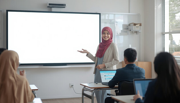 Photorealistic young Indonesian female lecturer wearing modern modest clothing in an academic environment, representing higher education, teaching and