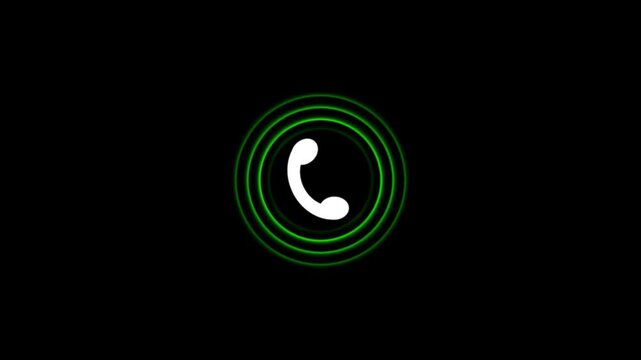 Phone handset icon animation pulses within green circular rings. Incoming communication alerts trigger the phone handset icon. Active telecommunication connects the phone handset icon.
