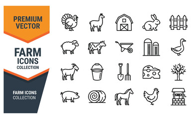 Fototapeta premium Farm icons collection with domestic animals and agricultural tools in thin line style.