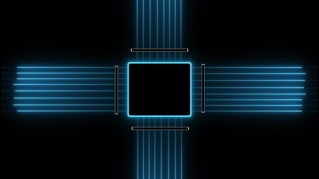 Blue circuit board animation connects to a central square chip. Modern digital data technology powers the circuit board. Motherboard computing pathways guide this circuit board.