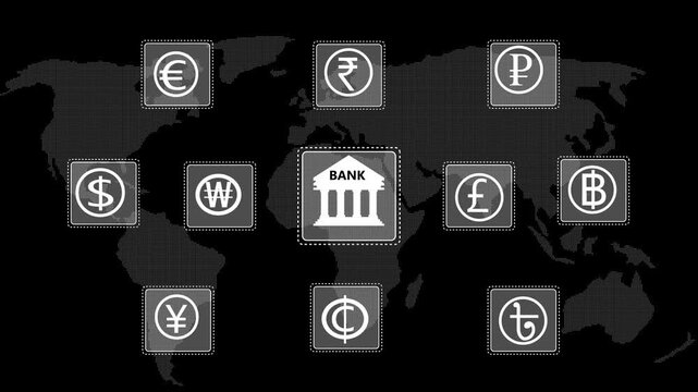 World map animation displays glowing money symbols and a bank. International monetary transactions link the world map. Global currency exchange routes across the world map.