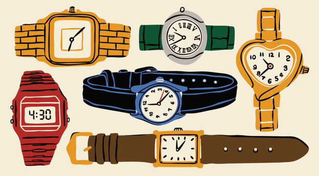 Wrist watch set. Fashion, expensive, luxury, classic mechanical, digital watches. Various bands, straps, displays. Hand drawn trendy Vector illustration. Isolated design elements 