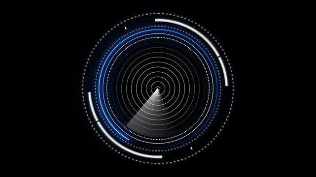 Circular radar interface animation sweeps an active blue beam. High tech surveillance telemetry guides the radar interface. Cyber target detection coordinates route on the interface.