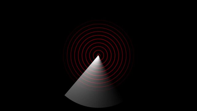 Dark radar screen animation sweeps an active gray scan sector. Circular target rings pulse across the dark radar screen. Cyber security surveillance tracks on this radar screen.
