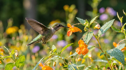 Fototapeta premium Ruby throated hummingbird hovering and feeding on orange jewelweed flower in summer garden. Concept of wild, flying, flying bird, nectar feeding, wildlife, impatiens capensis, wild bird.